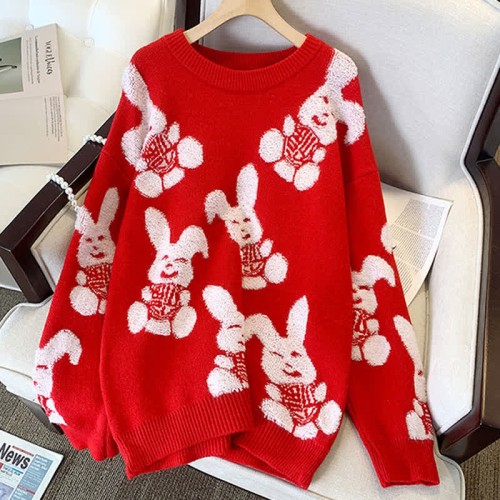 Cartoon Rabbit Print Round Collar Loose Sweater