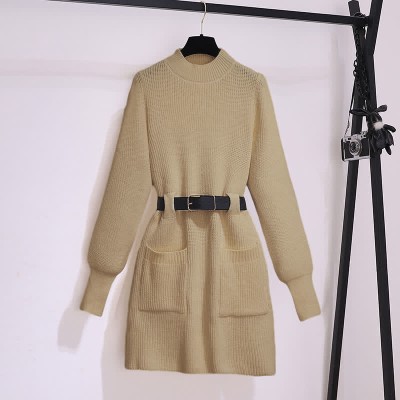 Pure Color Round Collar Belted Slim Knit Sweater Dress
