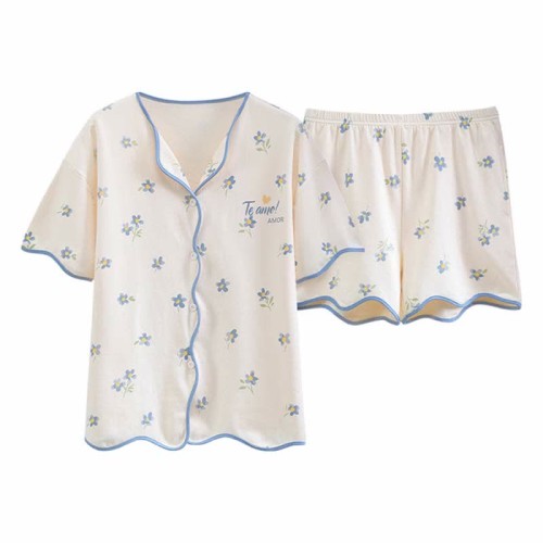 Floral Print Summer Cotton Home Pajamas Set