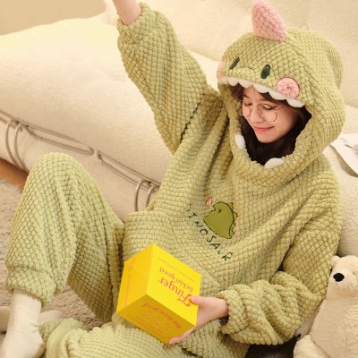 【50% OFF】Cartoon Dinosaur Plush Loose Hooded Pajamas Set