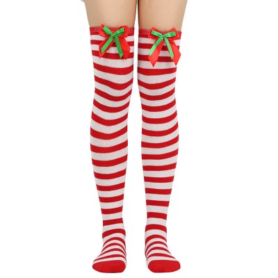 Bow Knot Fuzzy Ball Stripe Christmas Stockings Over the Knee