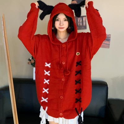 Antler Lace Up Hooded Loose Cardigan Sweater