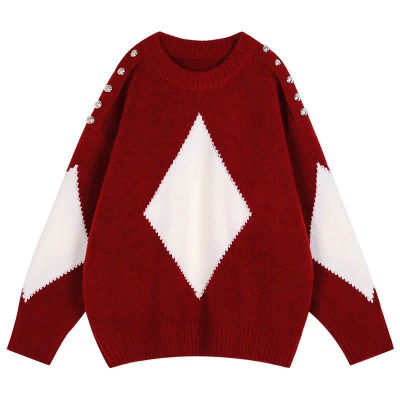 Rhombus Print Colorblock Round Collar Knit Sweater