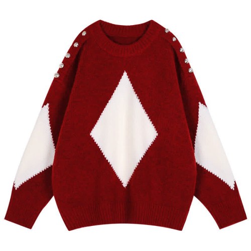Rhombus Print Colorblock Round Collar Knit Sweater