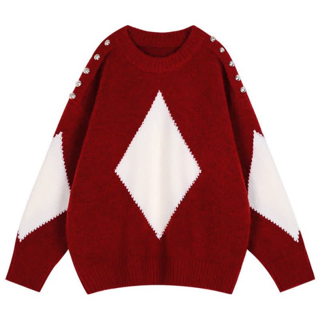 Rhombus Print Colorblock Round Collar Knit Sweater