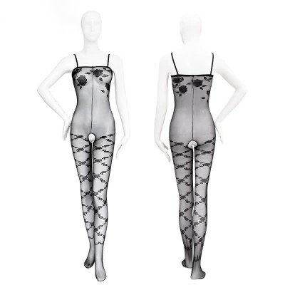 Rose Print Crotchless Mesh Bodysuit Lingerie