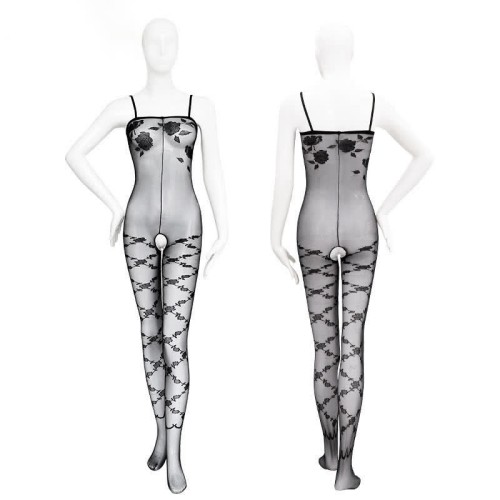 Rose Print Crotchless Mesh Bodysuit Lingerie