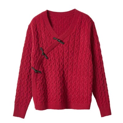 Vintage V-neck Cross Button Textured Sweater