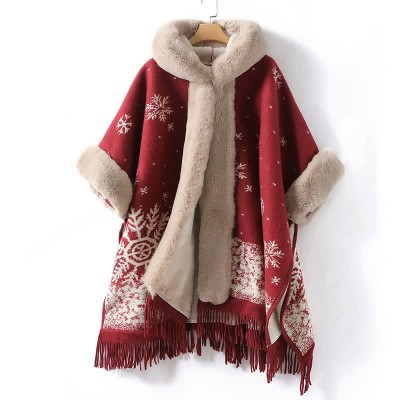 Christmas Print Furry Collar Fringed Hooded Cloak Coat