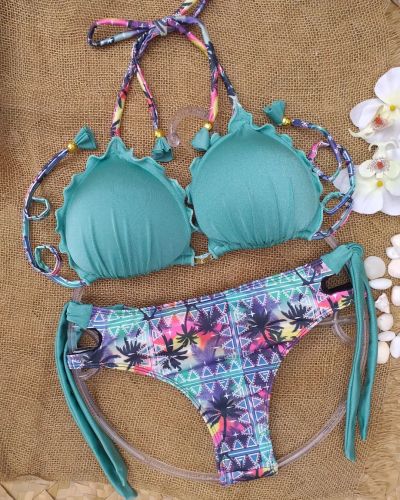 Fashionable coconut print sexy suspender bikini
