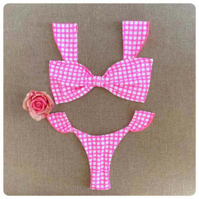 Fashion check bow ruffled split bikini