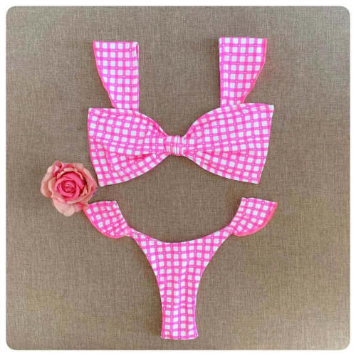 Fashion check bow ruffled split bikini