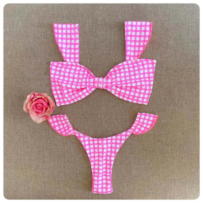 Fashion check bow ruffled split bikini