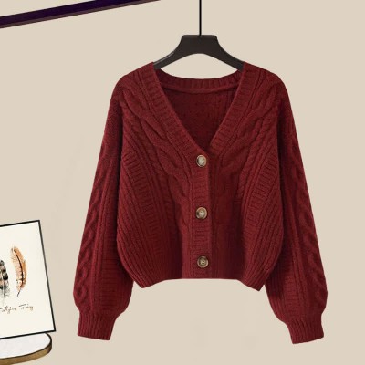V-neck Cardigan Sweater Lapel Shirt Denim Pants Three Pieces Set