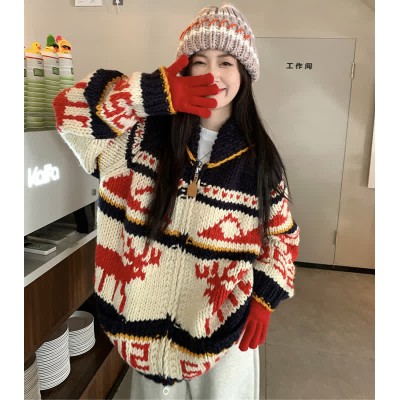 Colorblock Christmas Print Zipper Cardigan Sweater