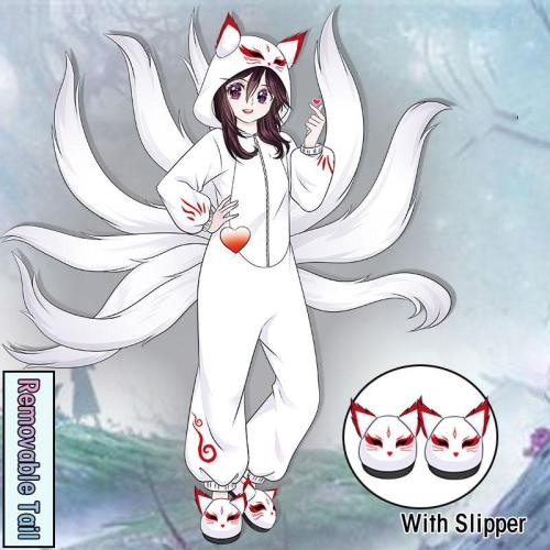【50% OFF】Nine-tailed Fox Plush Pajamas With Slippers Hooded Winter Sleepwear