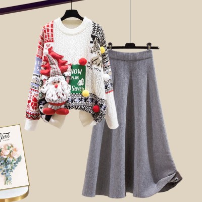 Christmas Colorblock Sweater High Waist Knit Skirt