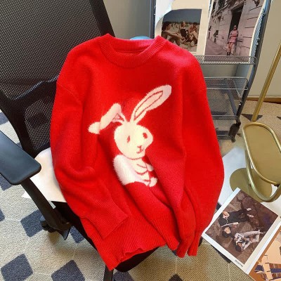 Cartoon Bunny Print Round Collar Red Knit Sweater