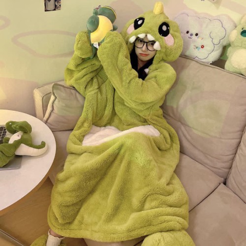 【50% OFF】Funny Cartoon Dinosaur Plush Hooded Jumpsuit Pajamas Dress