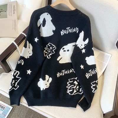 Cartoon Rabbit Letter Print Round Collar Loose Sweater