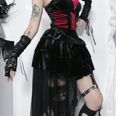 Gothic Halter Corset Top Lace Stitching Tiered Skirt