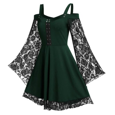 Plus Size Gothic Lace Flared Sleeve Slip Dress