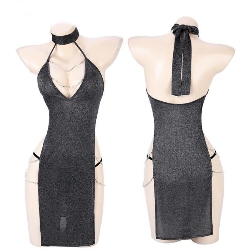 Halter Chain Deep V-neck Split Lingerie Dress