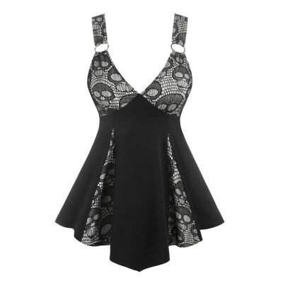 Skeleton Print V-neck Lace Irregular Dress