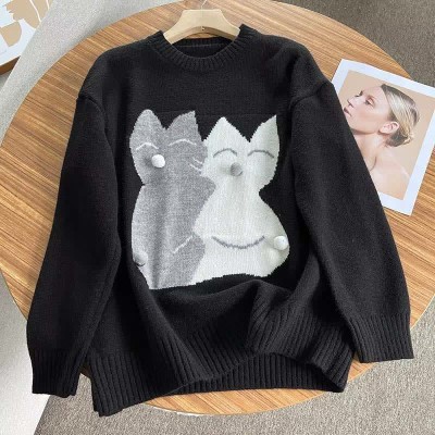 Cute Cartoon Kitty Print Colorblock Round Collar Sweater