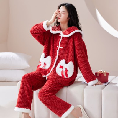 Vintage Buckle Pocketed Lapel Plush Pajamas Set