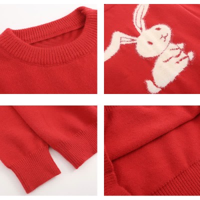 Cartoon Bunny Print Round Collar Red Knit Sweater