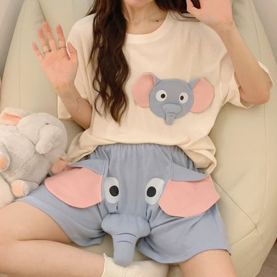 Girlfriend Boyfriend Cartoon Elephant Short Sleeve Pajamas Set