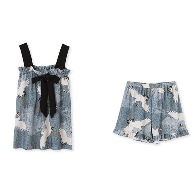 Crane Print Silk Pajamas Seven Pieces Set