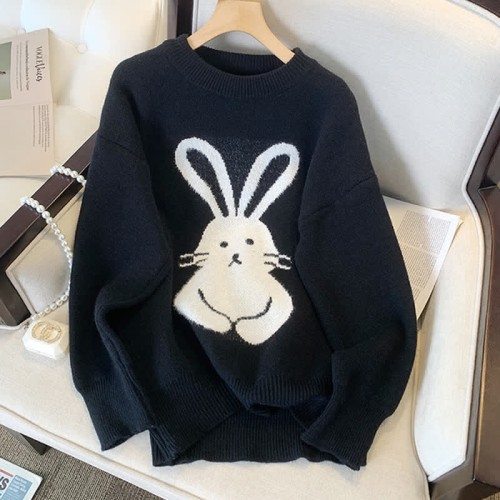 Cartoon Bunny Print Round Collar Loose Sweater