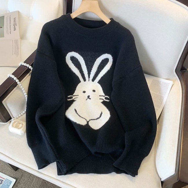 Cartoon Bunny Print Round Collar Loose Sweater