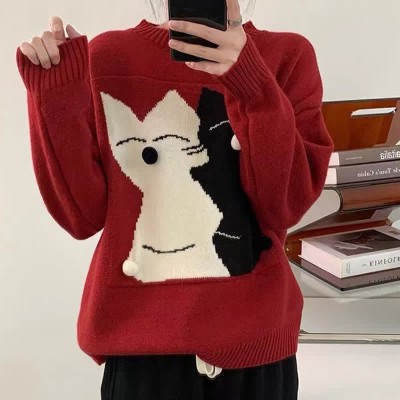 Cute Cartoon Kitty Print Colorblock Round Collar Sweater