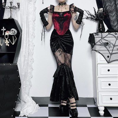 Gothic Lace Corset Top Stitching Ruffled Fishtail Skirt