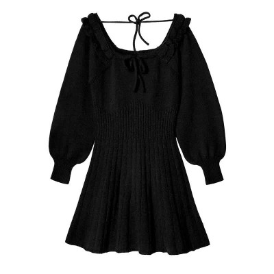 Lace Up Ruffled Pure Color Knit Sweater Dress