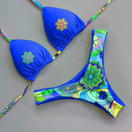 Contrast color sexy print bikini set