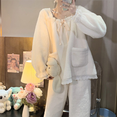 Square Collar Plush Lace Hem Dress Pajamas Set
