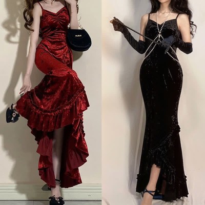 Vintage V-neck Fishtail Slip Dress