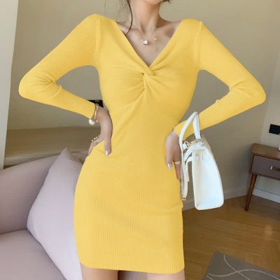 Pure Color V-neck Slim Knit Sweater Dress