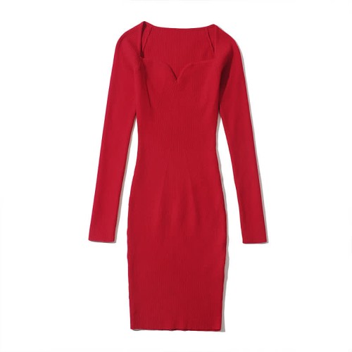 Pure Color Slim Knit Sweater Dress