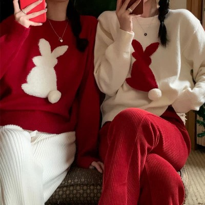 Rabbit Print Round Collar Knit Sweater