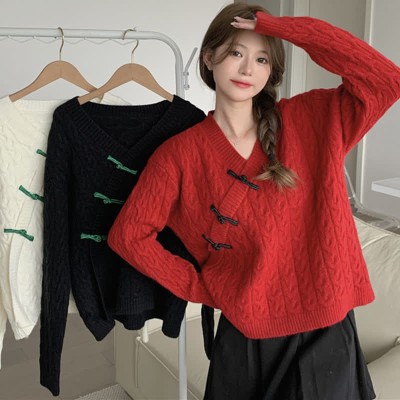 Vintage V-neck Cross Button Textured Sweater