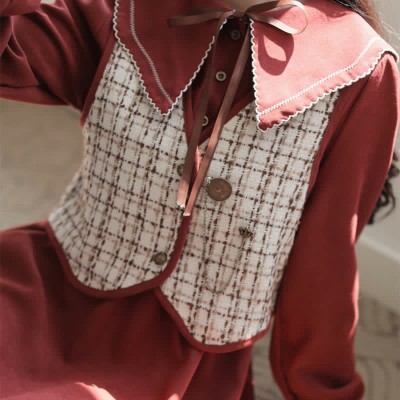 Chic Plaid Print Vest Long Sleeve Doll Collar Dress Two Pieces Set