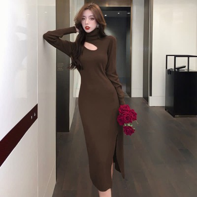 High Collar Hollow Out Pure Color Split Knit Dress