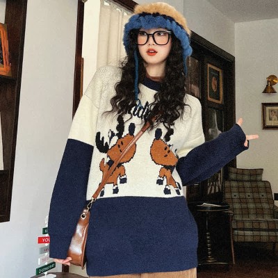 Deer Letter Print Colorblock Round Collar Knit Sweater