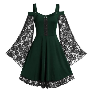 Plus Size Gothic Lace Flared Sleeve Slip Dress