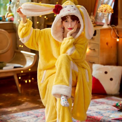 Cartoon Bunny Bowknot Hooded Plush Pajamas Set